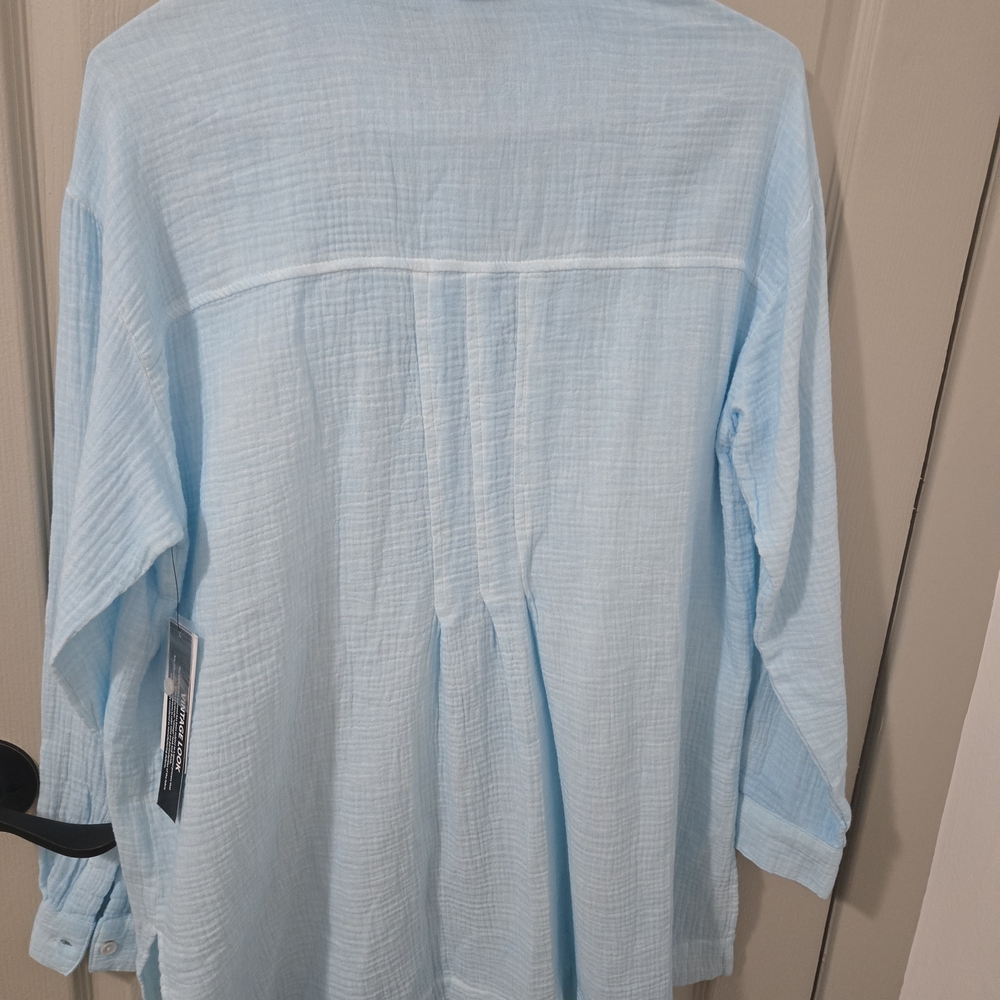 Tribal Jeans Women's Turquoise Seersucker Long Oversize Button Down - Picture 7 of 7